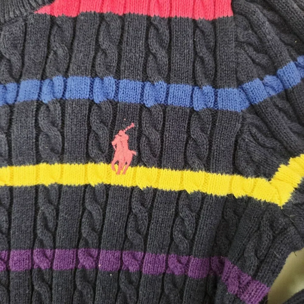 Polo Ralph Lauren girls 7 Navy Multicolor Cable-Knit Striped Cardigan Sweater